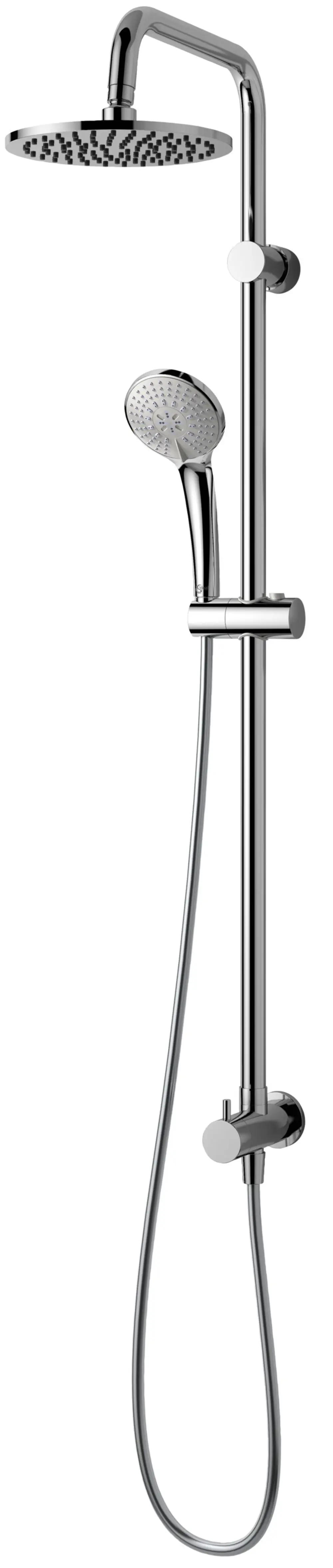 Duschsystem von Ideal Standard mit feststehendem Kopf- und Handbrause, verchromten Oberflächen und einer Wandmontage.